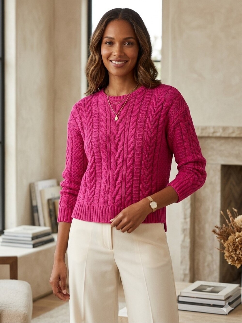 LAUREN RALPH LAUREN Petite Hot Pink Cable Knit Women's Sweater. Size Med-Large.